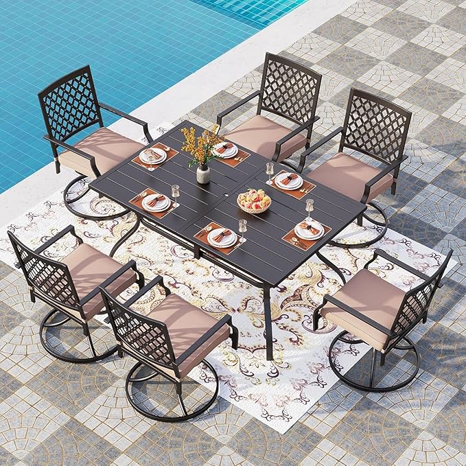 PHI VILLA 7 Pieces Outdoor Dining Set for 6, 60" Rectangle Metal Steel Table with Umbrella Hole & Swivel Wrought Iron Chairs with Cushions, Large Furniture Set for Patio, Deck, Porch, Yard