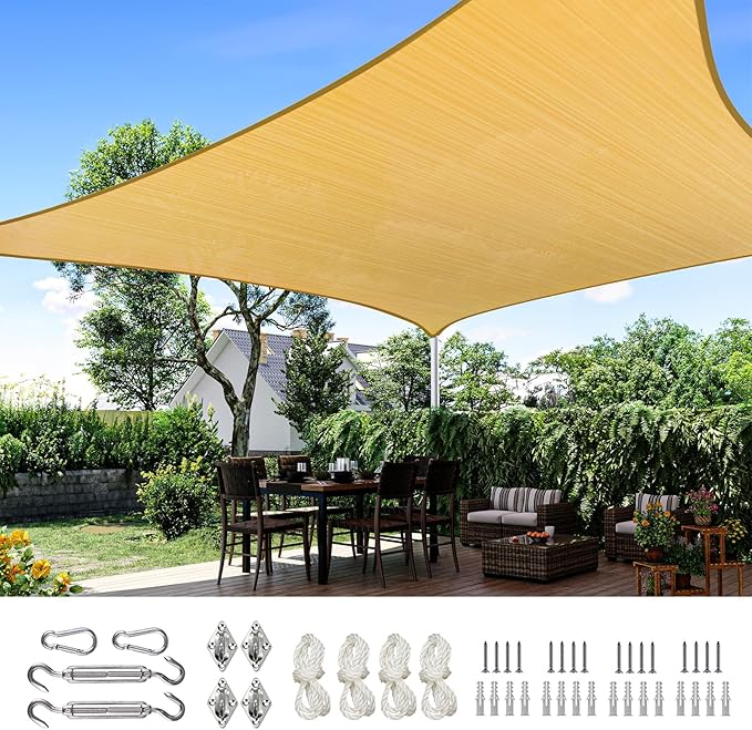 Quictent 12x16ft Rectangular Sun Shade Sail 185G HDPE Canopy 98% UV Block Outdoor Patio Garden Commercial Deck with Hardware Kit (Sand)