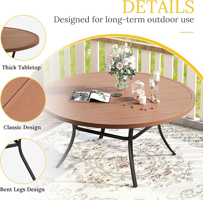VICLLAX 50" Outdoor Round Patio Table with Umbrella Hole, All Weather Metal Round Outdoor Dining Table for Lawn Garden, 6-8 Person Table, Walnut Wood Grain