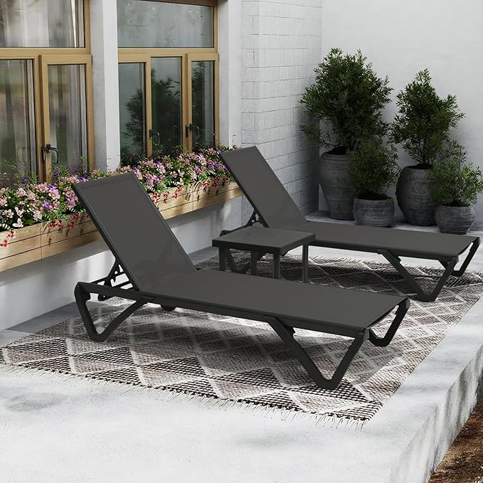 Domi Pool Lounge Chairs Set of 2 with Side Table, Aluminum Adjustable Outdoor Chaise Lounge with Wheels, All Weather Poolside Chairs for Deck Lawn Patio Backyard, Textilene- Dark Gray