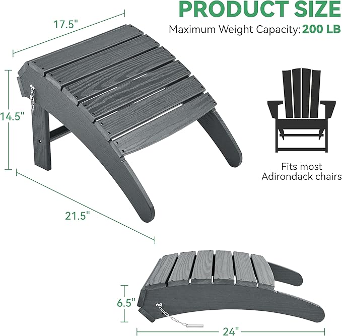 Yaheetech Adirondack Ottoman Footrest for Adirondack Chair,HDPE All Weather Outdoor Folding Foot Stool for Porch, Backyard, Lawn, Gray