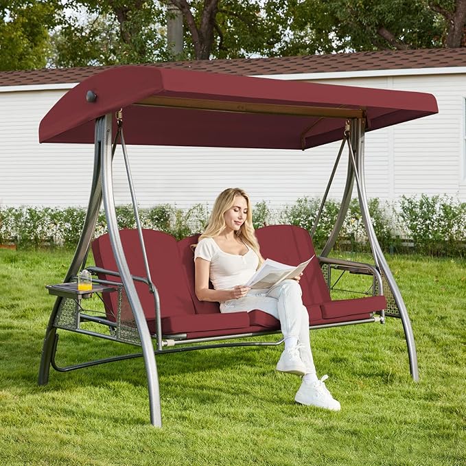 Upgrade 180° Convertible Outdoor Swing for Adults, Outdoor Porch Swing with Stand 800lb Bearing Capacity, 3-Seat Outdoor Swing with Canopy Adjustable, Thickened Cushions (Square, Wine Red)