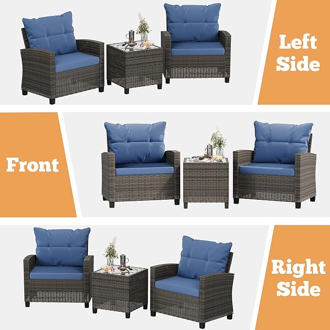 Shintenchi 3 Pieces Patio Furniture Set 3 Pieces PE Rattan Wicker Chairs with Table Outdoor Furniture for Backyard/Garden/Poolside/Outdoor Restaurant Gary Rattan with Blue Cushion
