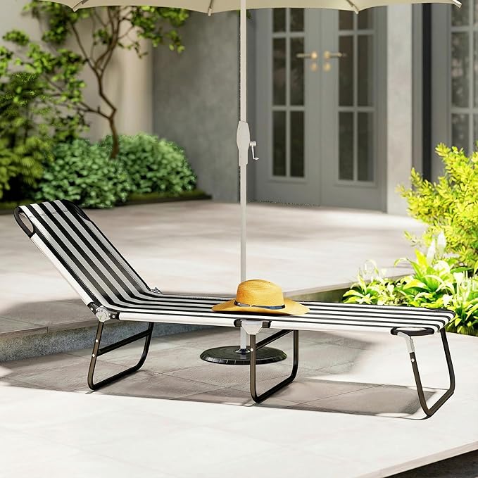 Outsunny Folding Chaise Lounge Pool Chairs, Outdoor Sun Tanning Chairs with 5-Level Reclining Back, Steel Frame for Beach, Yard, Patio, Black and White