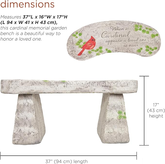 Alpine Corporation 37" Long Outdoor Memorial Bench with Sentiment When A Cardinal Appears, A Loved One is Near Garden Furnitures - Dirty White