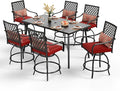 PHI VILLA 7 Piece Outdoor Bar Set, Counter Height Patio Bar Furniture with Swivel Bar Stools with Red Cushions & Large Metal Bar Dining Table for Garden, Yard and Deck