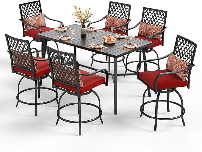 PHI VILLA 7 Piece Outdoor Bar Set, Counter Height Patio Bar Furniture with Swivel Bar Stools with Red Cushions & Large Metal Bar Dining Table for Garden, Yard and Deck
