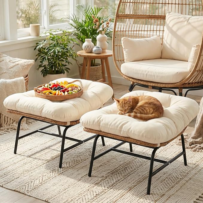 NICESOUL Indoor Outdoor Ottoman Set of 2, Large Wide Double Patio Footstool, PE Rattan Thicken Cushioned Footrest, All-Weather Wicker Furniture for Balcony, Porch, Living Room, Egg Chair, Beige