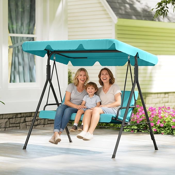 Outsunny 3-Seat Outdoor Patio Swing Chair with Removable Cushion, Steel Frame Stand and Adjustable Tilt Canopy for Patio, Garden, Poolside, Balcony, Backyard, Green