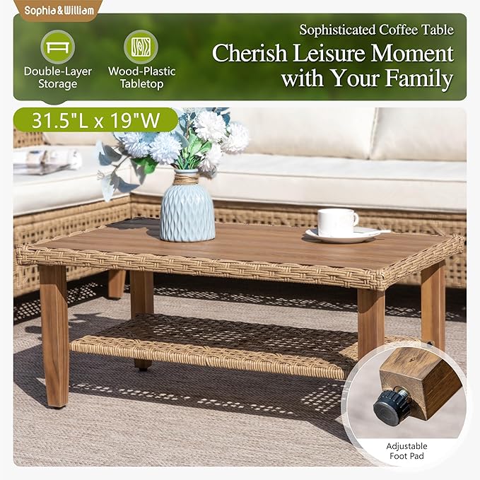 Sophia & William Outdoor Rattan Sofa Set with Thick Cushions & Coffee Table – Weather-Resistant Patio, Garden & Deck Furniture (Beige)