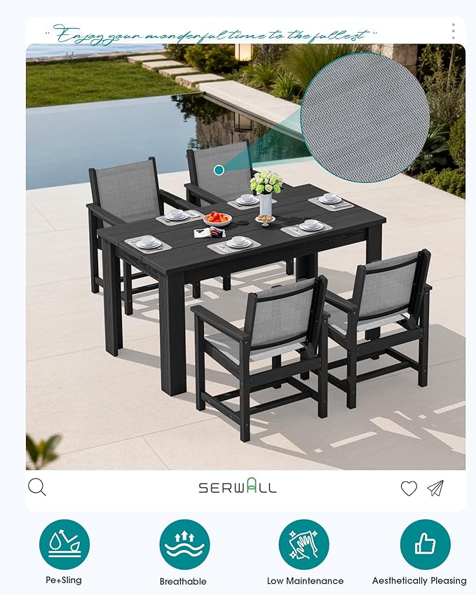 SERWALL Outdoor Dining Sets for 4 with 1 Umbrella Hole Cut-Out Rectangular Table and 4 Textilene Chairs, Patio Dining Table Sets for Garden, Backyard, Poolside, Black