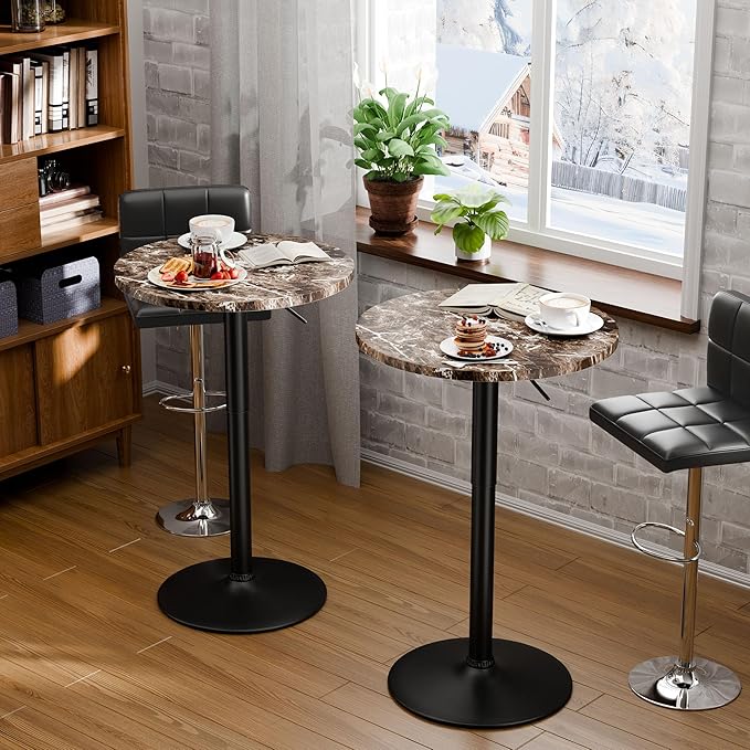 Flamaker Round Bistro Pub Table 23.6 Inch Height Adjustable 360° Swivel Bar Table Metal Base for Pub, Dining Room, Party (1, Marble-Black)