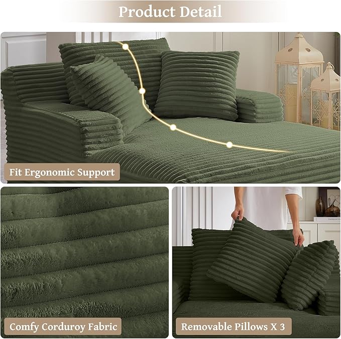 66" Chaise Lounge Chair Indoor, Oversized Boneless Couch Comfy Upholstered Sleeper Sofa Bed with 3 Pillows, Corduroy Cloud Reading Chair for Living Room No Assembly Required, Green