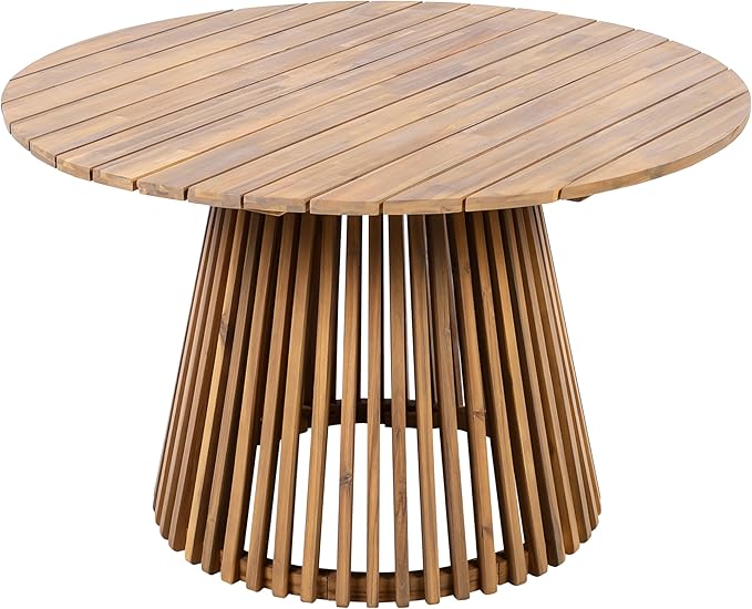 Merax Outdoor Dining Table 47.25" Round Extra-Large Acacia Wood Patio Dining Table for Backyard Lawn Balcony, Aesthetic Slat Base Design, Light Teak