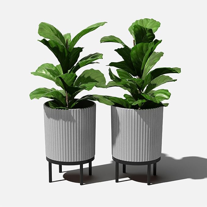 Veradek Demi Series Round Planter w/Stand for Porch/Patio | Durable Plastic-Stone Composite & Wooden Stand | Modern Décor for Tall Plants, Flowers