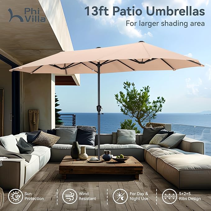 PHI VILLA 8 Piece Outdoor Furniture Patio Dining Set, 6 Swivel Textilene Fabric Dining Chairs & 1 Large Metal Table with 13ft Patio Umbrella (Beige) for Garden Backyard Poolside Deck