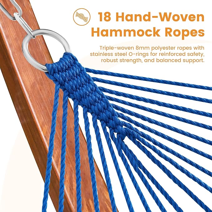 Lazy Daze Hammocks 10.5 FT Double 2 Person Caribbean Rope Hammock, Hand Woven Polyester Hammock with Spreader Bars, for Outside Outdoor Backyard Patio Poolside, 450 LBS Capacity, Blue/Green