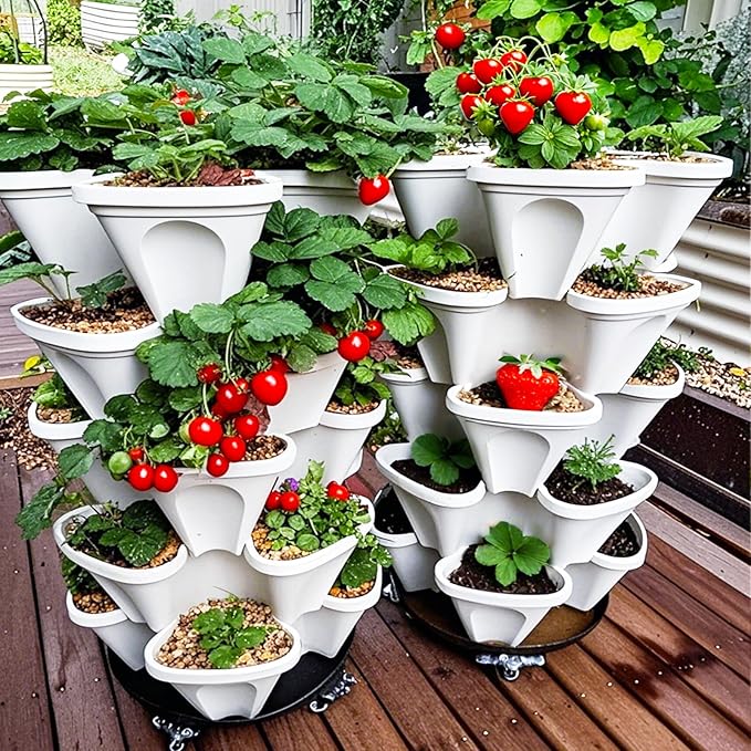 Strawberry Planters, 7 Tiered Vertical Stackable Planter, Herb Stacking Tower Garden, Flower Vegetable Planters with Support Pole, Indoor & Outdoor with Removable Wheels - White