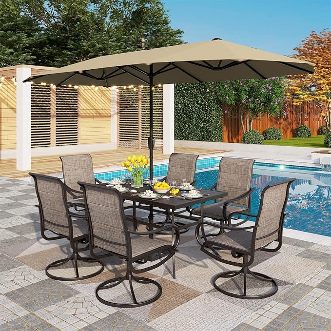 PHI VILLA 8 Piece Patio Dining Set with 13ft Patio Umbrella (Beige), 6 Outdoor Padded Swivel Dining Chairs & 1 Large Metal Dining Table with 1.9" Umbrella Hole, for Lawn Garden Backyard
