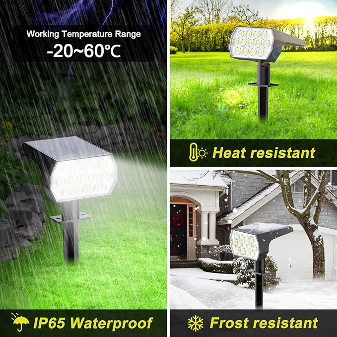 Solar Spot Lights Outdoor Waterproof IP65, [2 Pack/52 LED] 2-in-1 Solar Landscaping Spotlights, 3 Lighting Modes Solar Powered Garden Flood Light for Patio Pathway Driveway Pool Yard(Cool White)