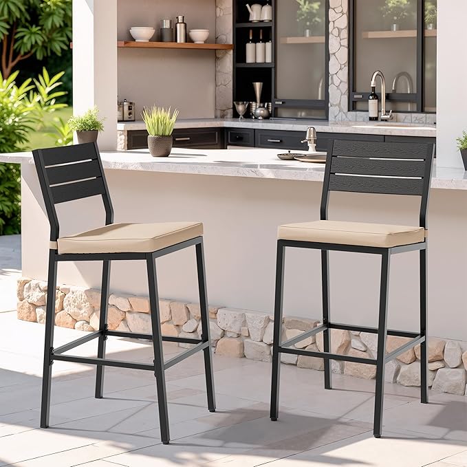 Crestlive Products Outdoor Bar Stools Set of 2, Patio Counter Height Barstools with Cushions, Tall Chairs with Back and Footrest for Deck, Lawn, Garden, Backyard, Poolside, Or Indoor Use (Beige)