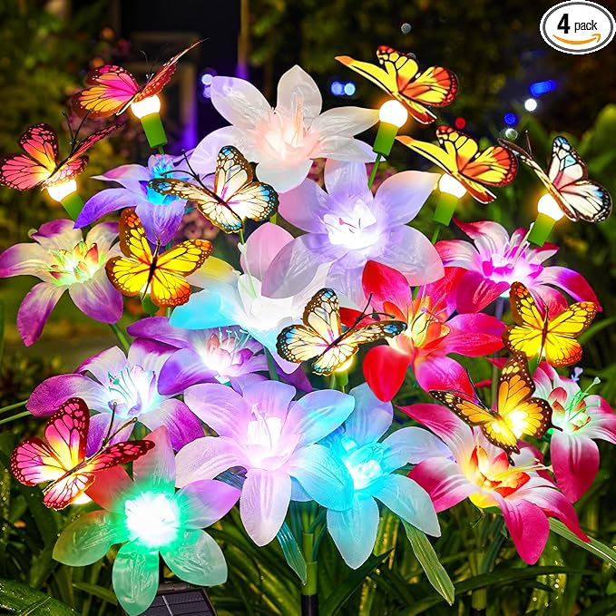 Garpar Solar Lights Outdoor Decorative, Upgraded 4 Pack Flowers with 16 Color Changing Lilies and 12 Butterflies, Brighter Waterproof Garden Decor for Yard Lawn Pathway, Gift for Mom Women Grandma