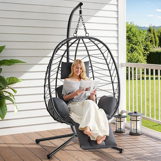 ONBRILL Hanging Egg Chair with Adjustable Footrest & Stand, Wicker Rattan Swing Hammock Chair with Cushion & Double Chains, 350LBS Capacity for Outdoor & Indoor Patio, Deck, Bedroom, Balcony (BL-GR)