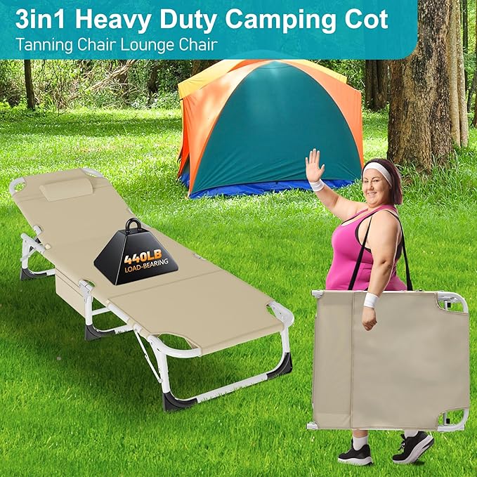 ABORON Sun Tanning Chair, 3 in 1 5 Positions Adjustable Heavy Duty Folding Chaise Lounge Chairs, Oversized with Mat/Pillow/Face Arm Hole, for Beach Pool Lawn Yard Patio