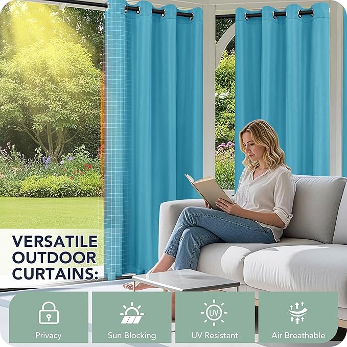 Outdoor Curtains for Patio Waterproof 6 Panels - Windproof, Privacy, Weatherproof Outside Drapes for Gazebo Pergola Porch, Grommet Top and Tab Bottom, 54x108 Inch, Teal