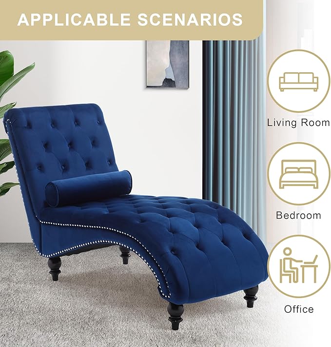 Chaise Lounge Indoor,Velvet Upholstered Lounge Chair Button-Tufted Armless Chair with Pillow, for Bedroom Living Room Office Modern Backrest Leisure Recliner Sleep Sofa,Blue