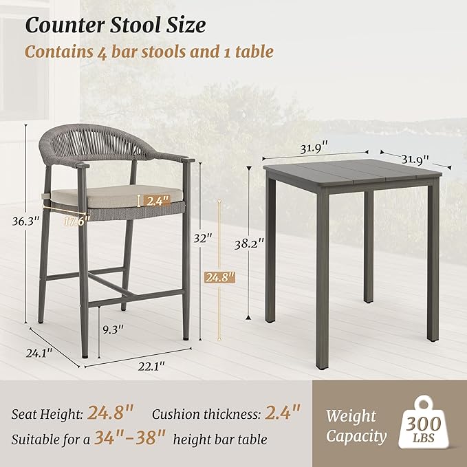 5-Piece Outdoor Patio Furniture Set, 4 Rattan Bar Stools with Footrest & 1 Table, Aluminum Frame with Removable Cushions, Grey