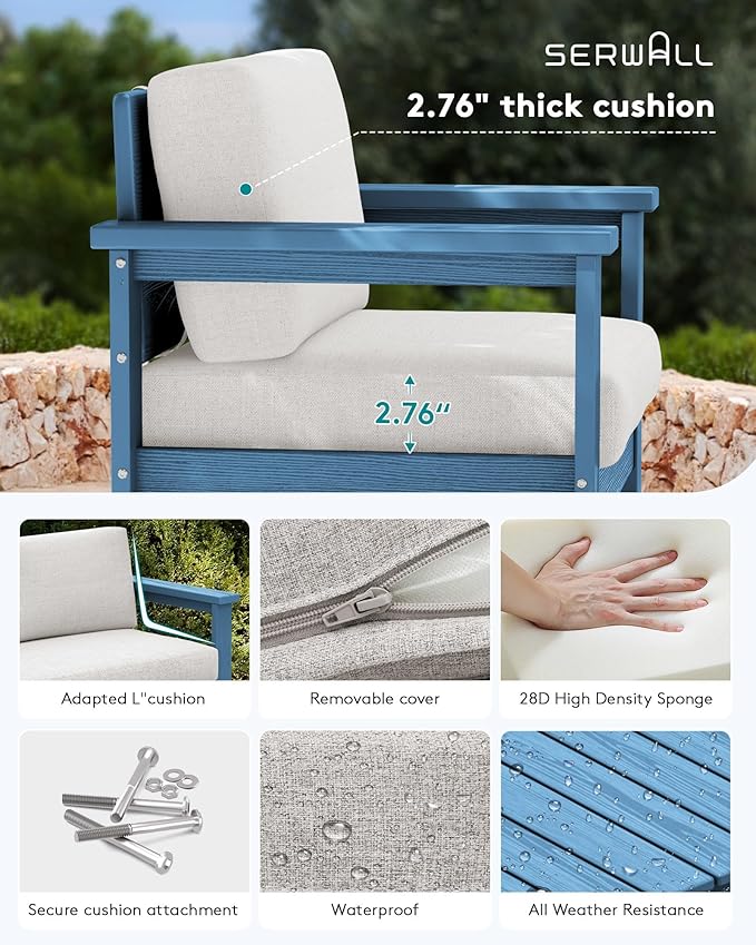 SERWALL 4 Pieces HDPE Outdoor Sofa Set with 10FT Patio Umbrella, All Weather Use Loveseat Furniture Sofa Set, Outdoor Conversation Couch with Coffee Table for Patio, Blue Frame with Khaki Cushions