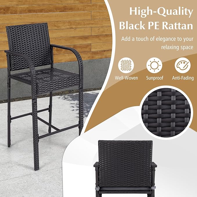 Tangkula 3 Piece Patio Wicker Bar Set, Outdoor Rattan Counter Height Cushioned Chairs & Square Table with Heavy-Duty Metal Frame, for Balcony, Backyard, Poolside