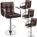 Yaheetech Bart Stools Set of 4, PU Leather Adjustable Barstools with Armrest, Counter Height Stool Chairs with Thickened Seat Cushion for Kitchen Island, Brown