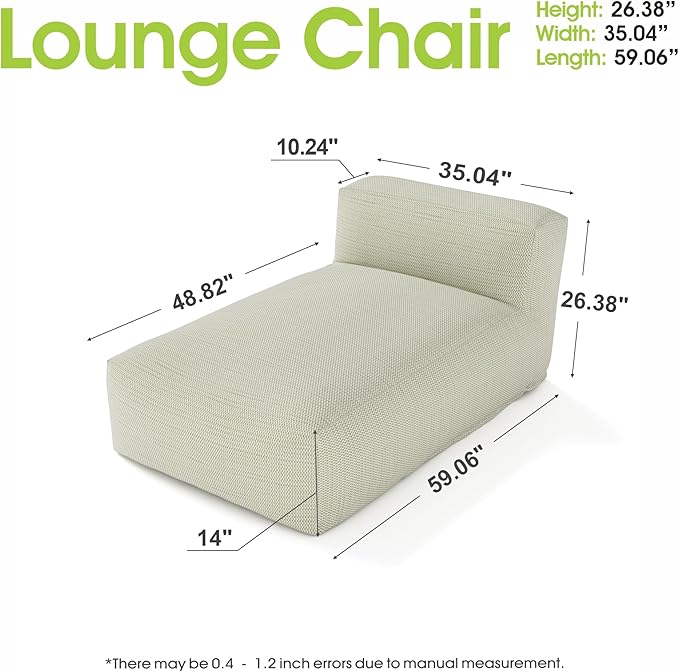 Outdoor Bean Bed Chair Sun Lounger, Outdoor Couch Sofa for Patio & Pool, Foam Filling Day Bed Furniture, Comfy Lazy Sofa for Outside, Water-Resistant Seating (Light Green, 59'' L)