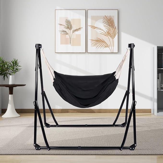 2 in 1 Hammock with Stand - Portable Hammock & Swing Chair, No Tools Assembly, with Carry Bag, Indoor Outdoor for Patio, Garden, Camping, Apartment (Black)
