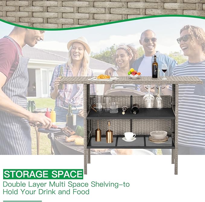 ECOTOUGE Wicker Bar Table, Outdoor Patio Console Table Serving Table, Mini Outdoor Bar Patio Counter with Steel Shelves & Hanging Wine Glasses, Ideal for Garden, Backyard(Grey)
