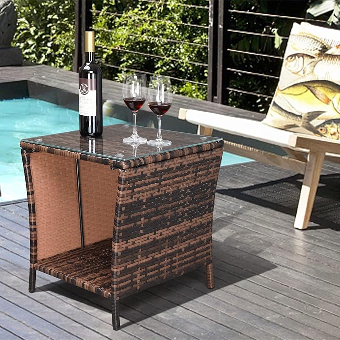 VINGLI Outdoor Wicker Side Table Patio Side Tables for Outside, Tempered Glass Top Wicker Table with Storage End Table for Balcony Porch Deck (Brown)