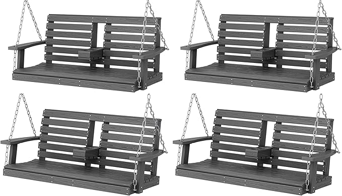 KINGYES Outdoor Hanging Patio Swing Chair Set of 4, 2 Seat Bench with Cup Holders, Waterproof for Courtyard & Garden, 660LBS Weight Capacity, Gray
