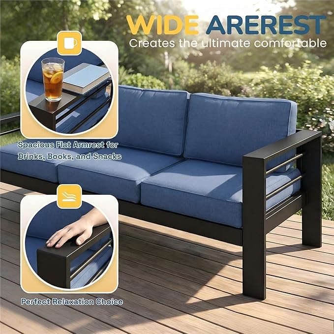 Wisteria Lane Aluminum Outdoor Patio Furniture Set, Modern Patio Conversation Sets, Outdoor Sectional Metal Sofa with 5 Inch Cushion and Coffee Table for Balcony, Garden, Black Frame & Blue Cushion