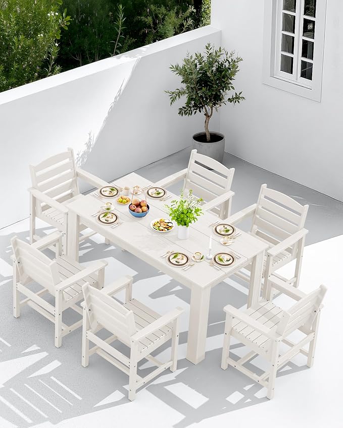 SERWALL Patio Dining Sets for 8, Outdoor Dining Sets for 8 Person with 2 Umbrella Hole Cut-Out Rectangular Tables and 8 Chairs, HDPE Dining Sets for Garden, Backyard, Poolside, White
