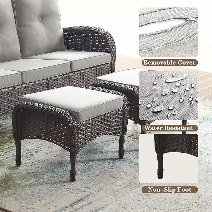 Belord Outdoor Ottomans for Patio Foot Rest - 25 Inch PE Wicker Foot Stool Set of 2 with Removable Cushions for Patio Furniture Sets,All Weather Rattan Ottoman for Balcony Deck Backyard Brown