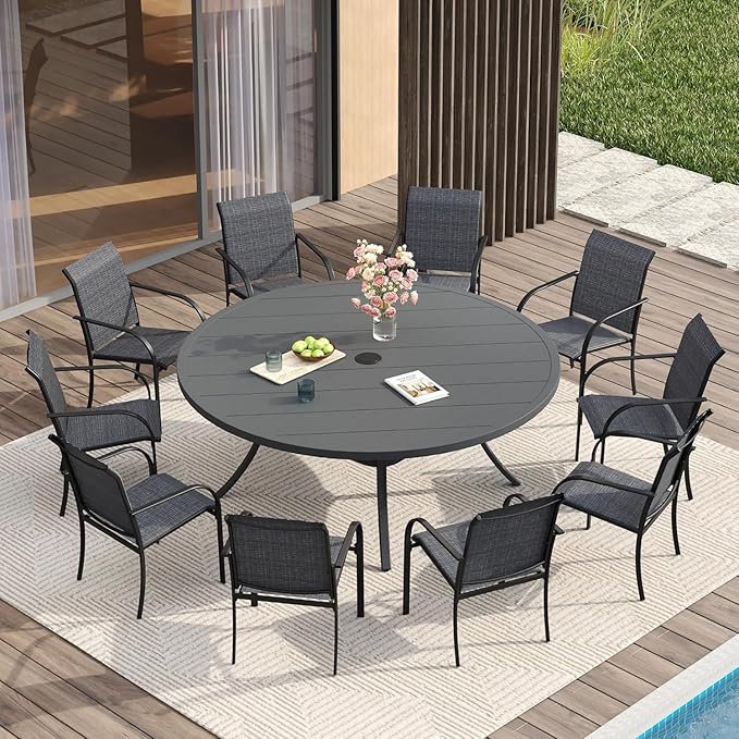 VICLLAX Large Patio Dining Furniture Set, Outdoor Dining Set for 10-60" Round Outdoor Table and Patio Stackable Chairs, Grey Tabletop and Dark Grey Fabric