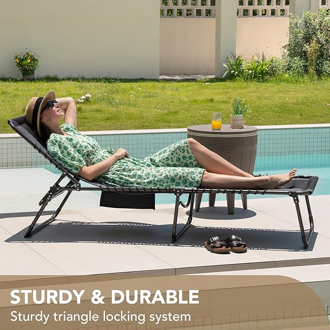 Devoko 4-Fold Padded Portable Folding Outdoor Chaise Lounge Heavy Duty Reclining Chair with Pillow & Side Pocket for Patio, Beach, Pool, Camping, Sunbathing (Gray)