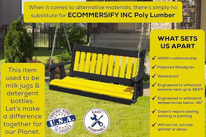 Poly Lumber Wood 4FT Mission Porch Swing Amish Craftsmandship Made in USA HDPE with No Wood fibers 1000 lbs Limit. Stainless Steel Hardware.Signature Design for Patio Outdoor Backyard Garden Park