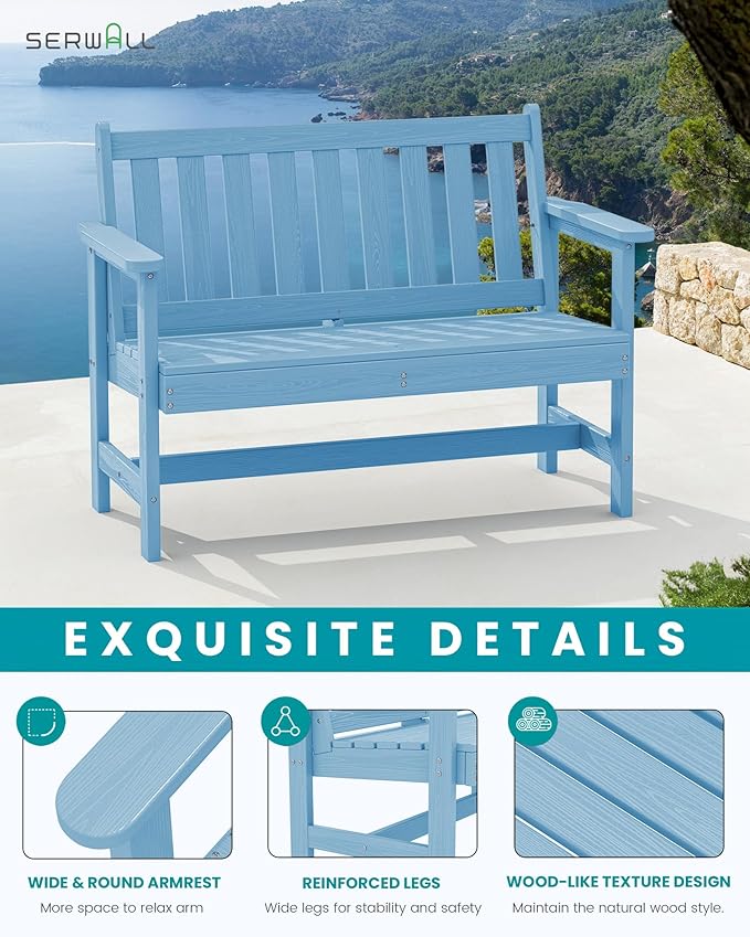 SERWALL Outdoor Bench, HDPE Outdoor Benches Weatherproof, 2-Person Garden Bench with 660 lbs Weight Capacity, Patio Benches for Outdoors, Garden, Porch, Backyard and Park, Light Blue, 2 Pack