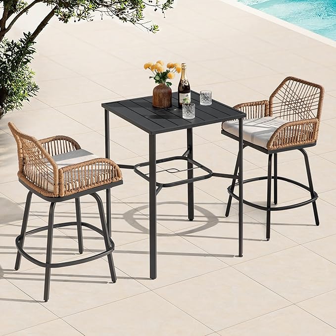 NUU GARDEN 3-Piece Patio Bar Set, All Weather Rattan Swivel Stools 360 Degree Swivel, Outdoor High Top Table and Chairs for Backyard, Balcony, Garden and Poolside, Black and Beige