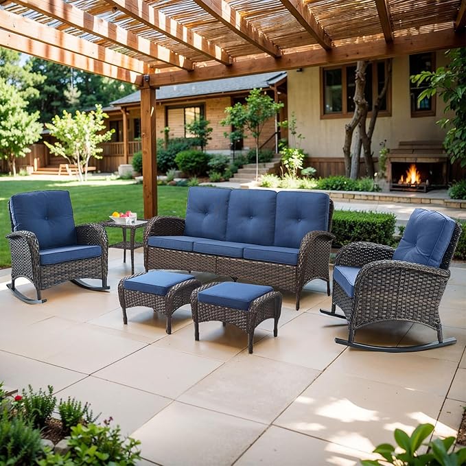 Belord Outdoor Ottomans for Patio Foot Rest - 25 Inch PE Wicker Foot Stool Set of 2 with Removable Cushions for Patio Furniture Sets,All Weather Rattan Ottoman for Balcony Deck Backyard Brown