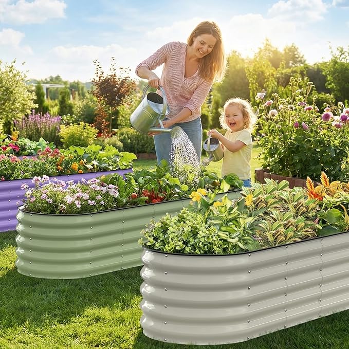 Kesfitt Raised Garden Bed, Metal Galvanized Steel Oval Garden Bed 8x2x1.5 ft with 18-Inch Deep Open-Bottom Design for Outdoor Vegetable Gardening, Lavender Purple