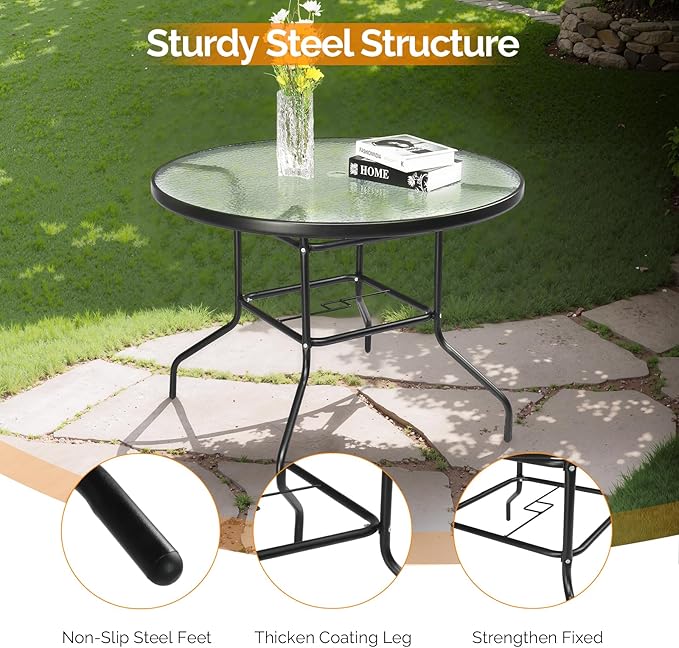 VINGLI 40'' Outdoor Dining Table with Umbrella Hole, All Weather Round Patio Table, Waterwave Tempered Glass Top and Metal Frame, for Garden Porch Balcony Yard